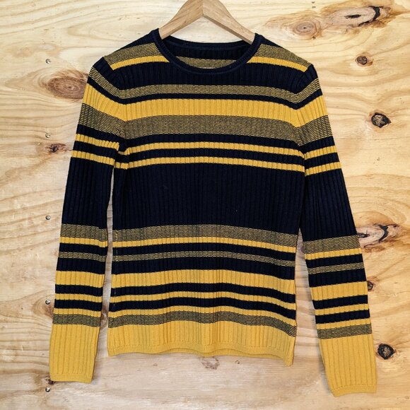 Brooks Brothers Women's Medium 100% Merino Wool Striped Sweater Gold Blue Crew - Picture 1 of 9